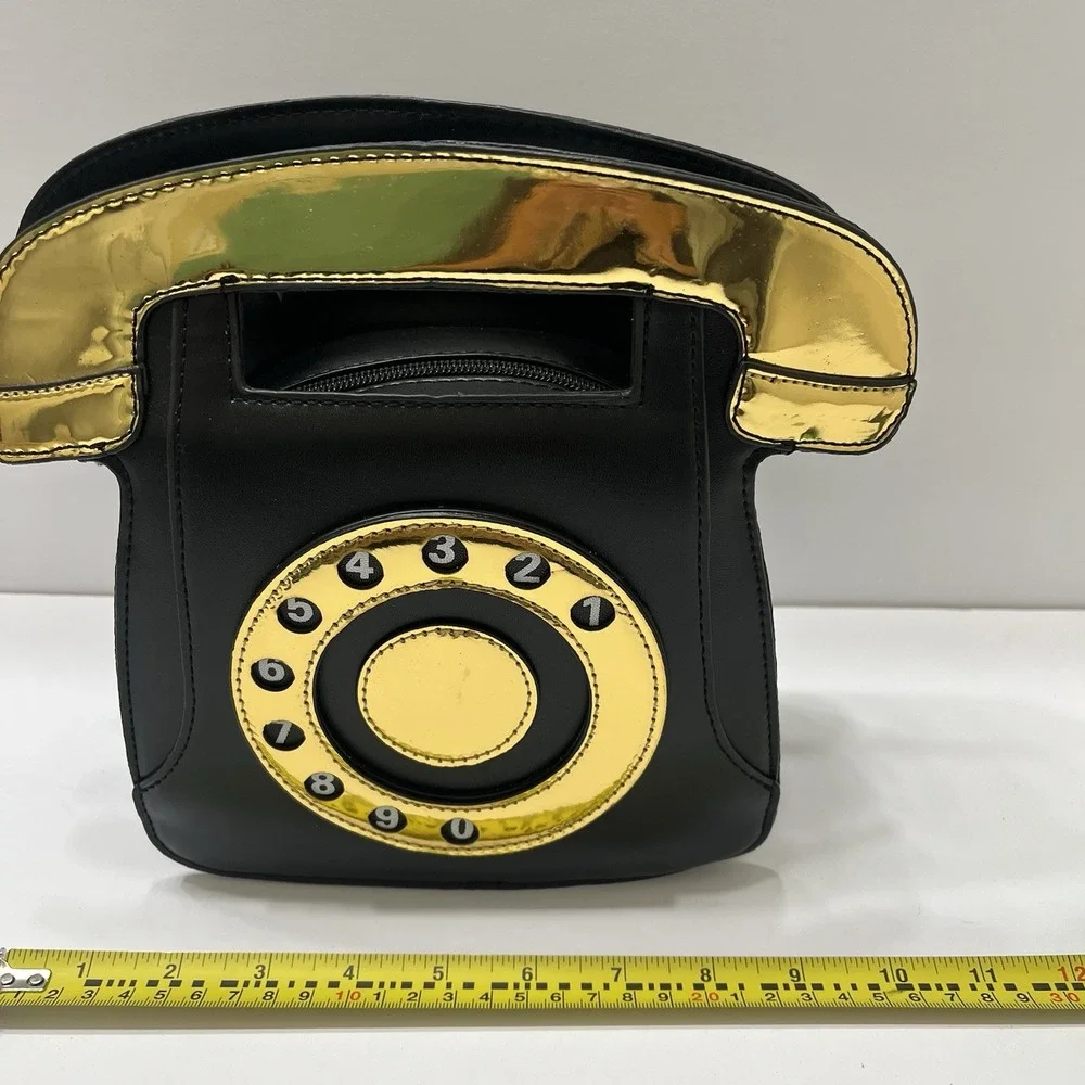 Retro Telephone Handbag Black Gold Crossbody Detachable Strap Gold Hardware 9x10